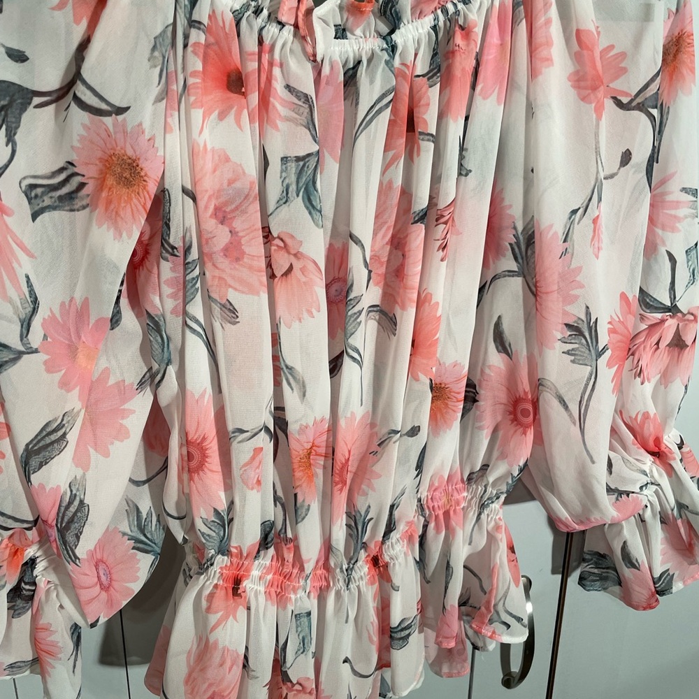 Chic Pink Sheer and White Floral Blouse with Ruffles - Picture 8 of 13